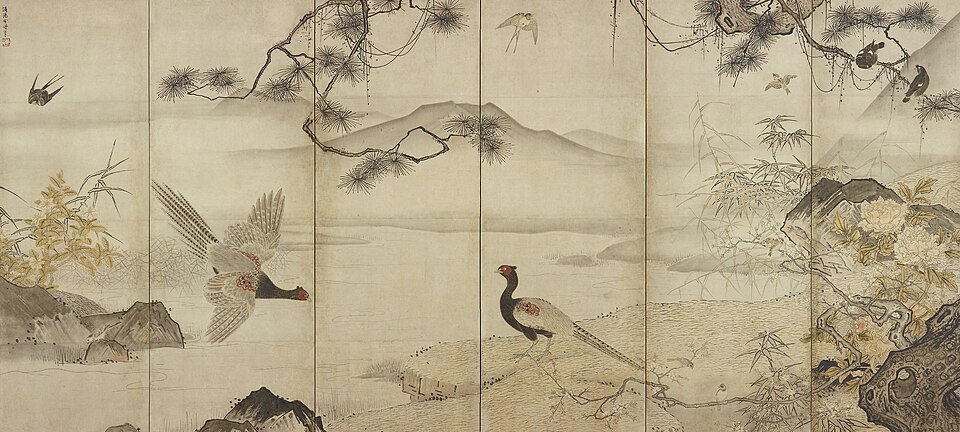 Birds and Flowers byobu, attributed to Sesshu Toyo